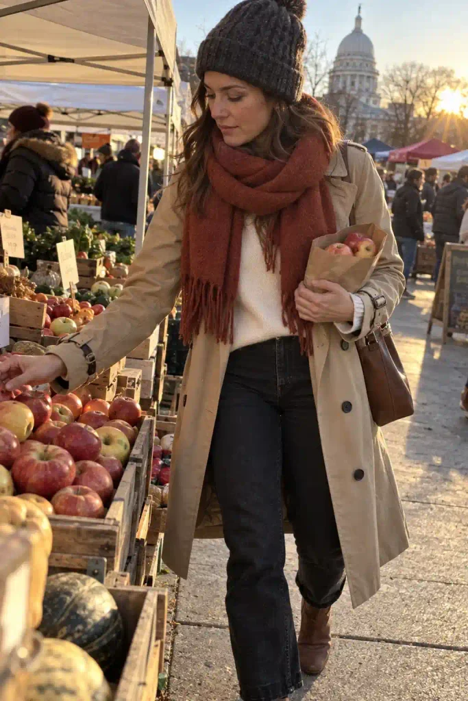 Trench with a big wool scarf and beanie