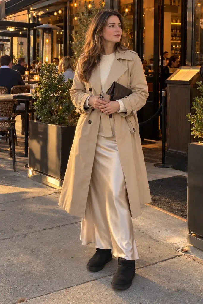 Trench with biker shorts and tall socks