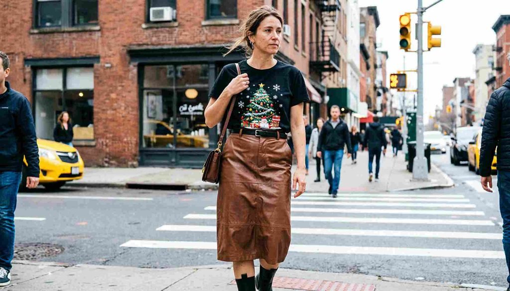 Tucked tee with a faux leather skirt