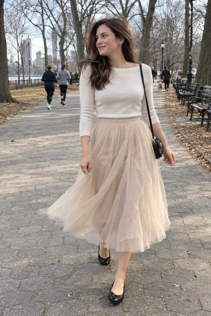 Tulle midi with a fitted sweater