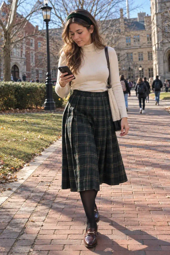 Turtleneck and pleated skirt