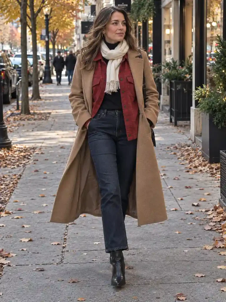 Red shacket under long camel coat with black turtleneck and jeans.