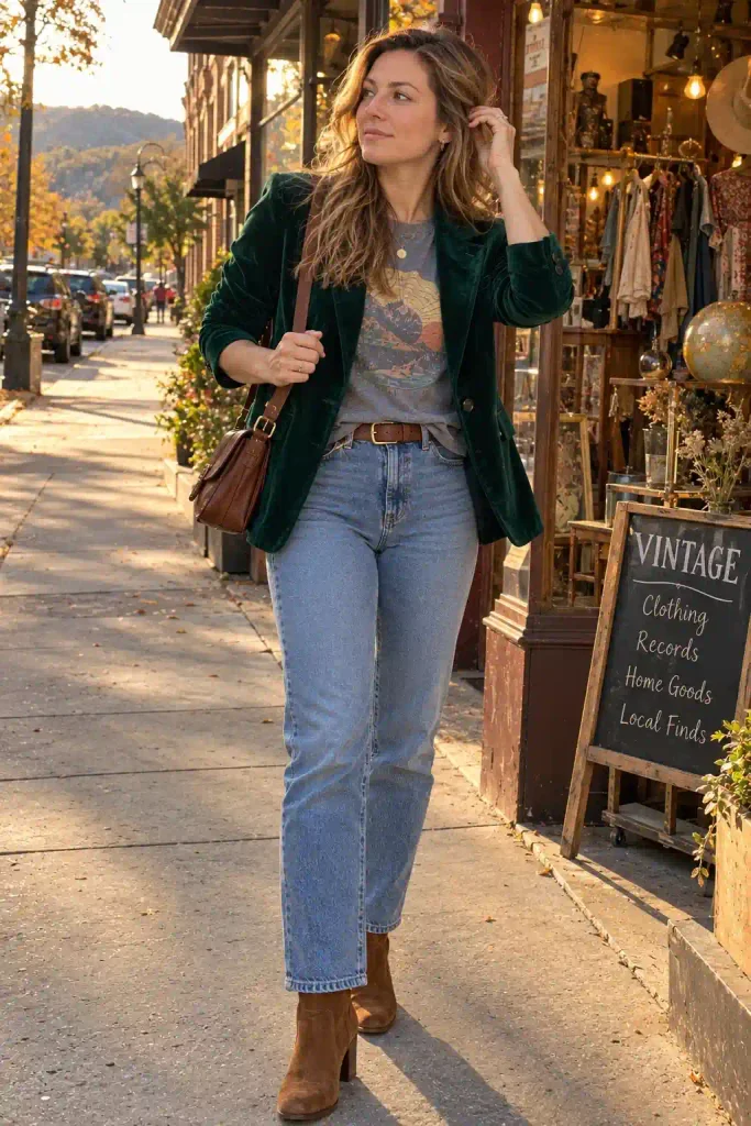 Velvet blazer with a vintage tee