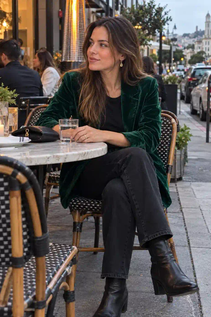 Velvet blazer with black straight jeans