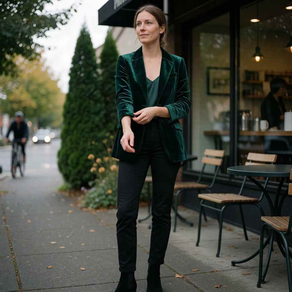 Velvet blazer with black trousers