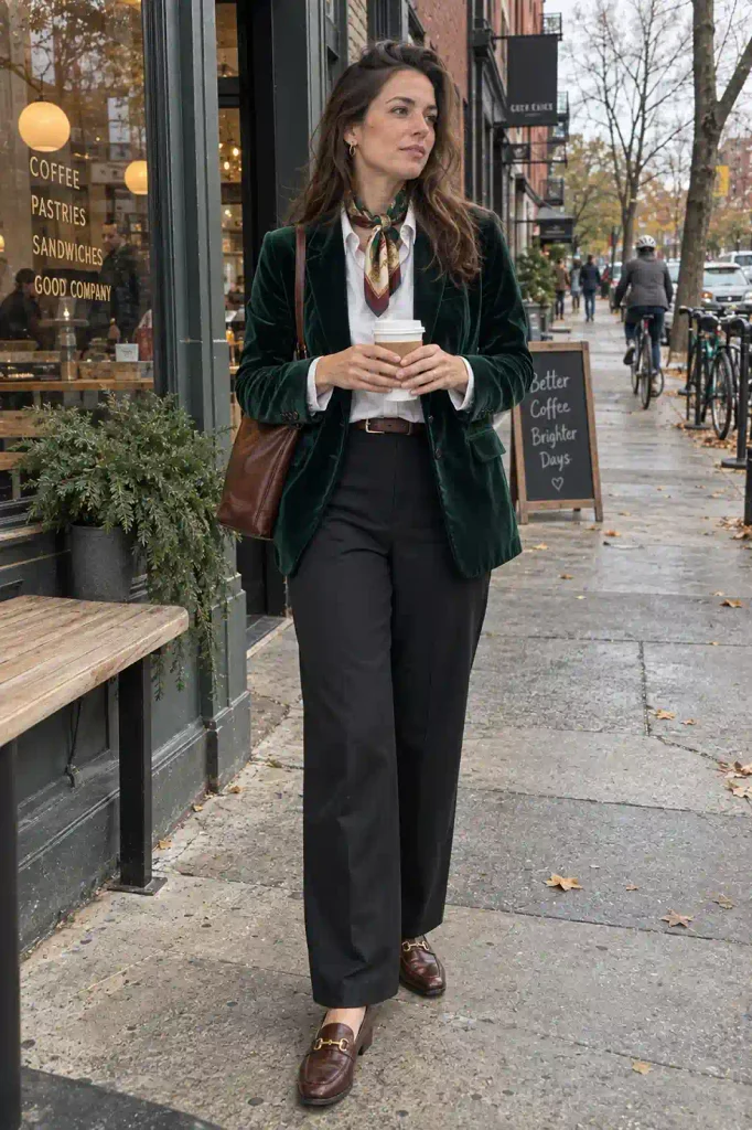 Velvet blazer with dark trousers