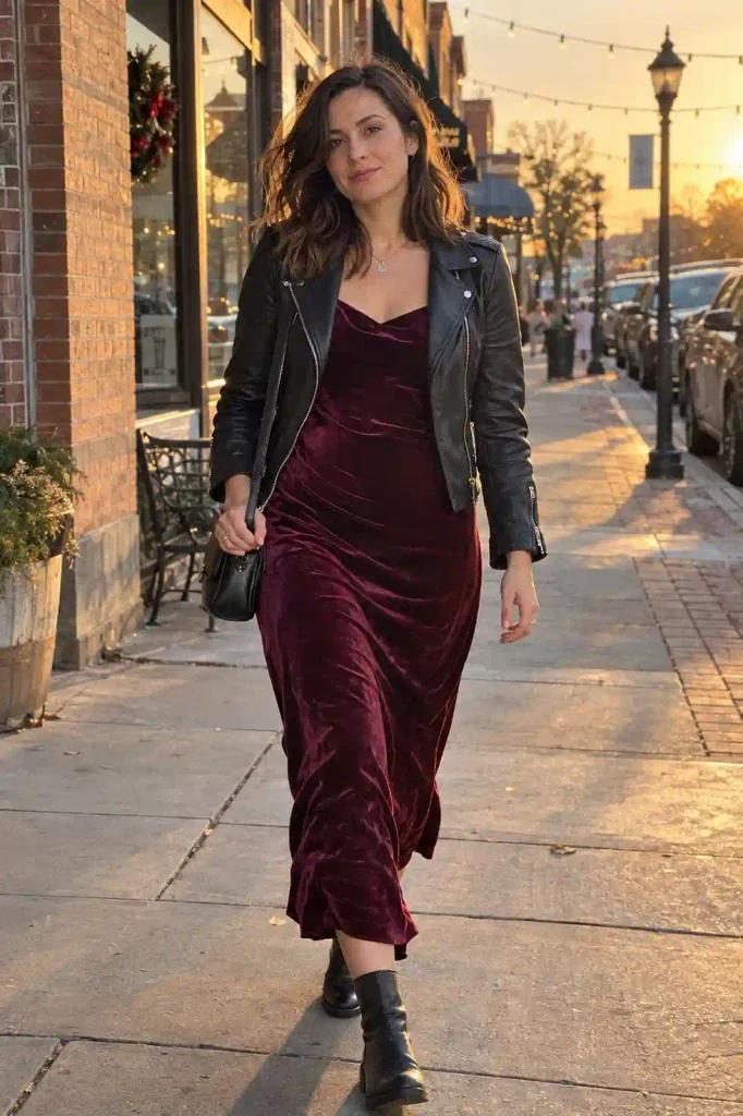 Velvet slip dress with a leather jacket