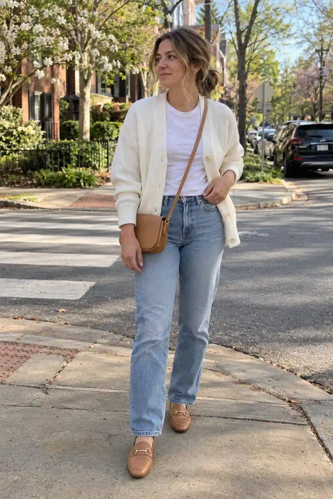 White cardigan with light wash straight jeans
