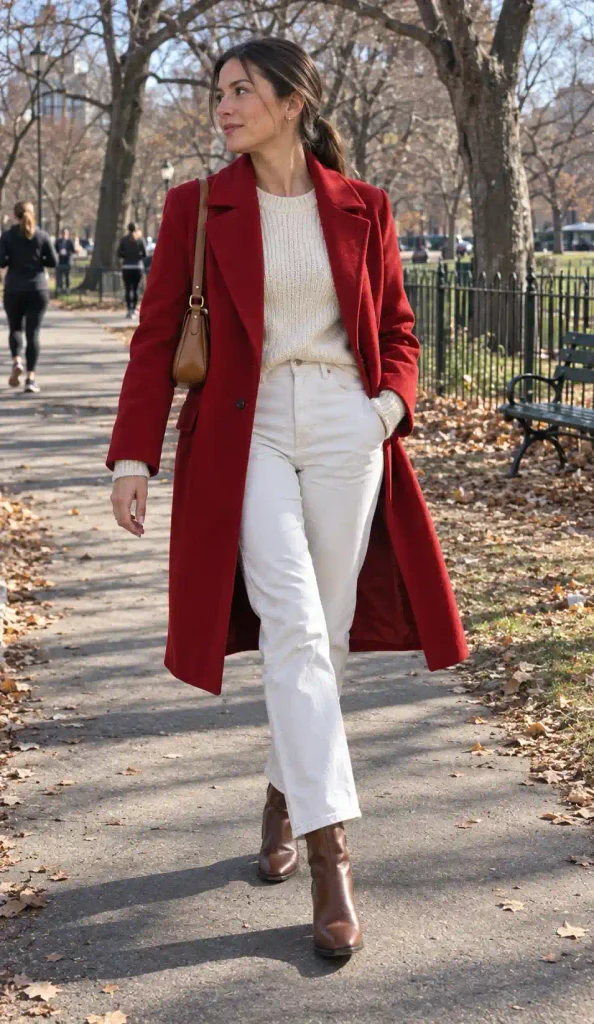 White jeans with a red coat