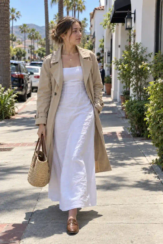 White maxi with a stone-colored trench
