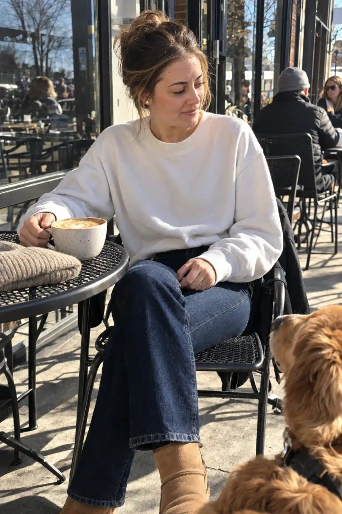 White sweatshirt with dark indigo jeans