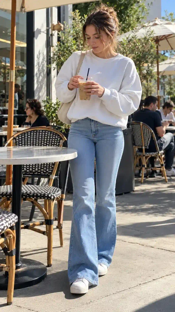 White sweatshirt with light wash flares
