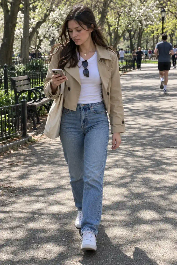 White tee and straight-leg jeans