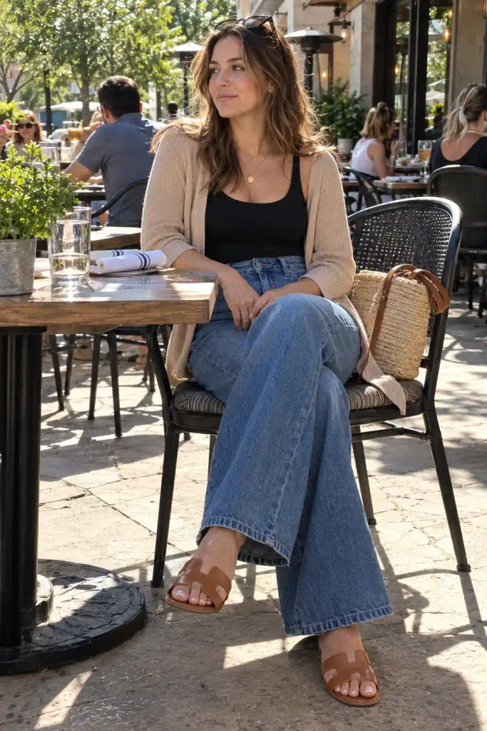 Wide-leg jeans with a fitted top