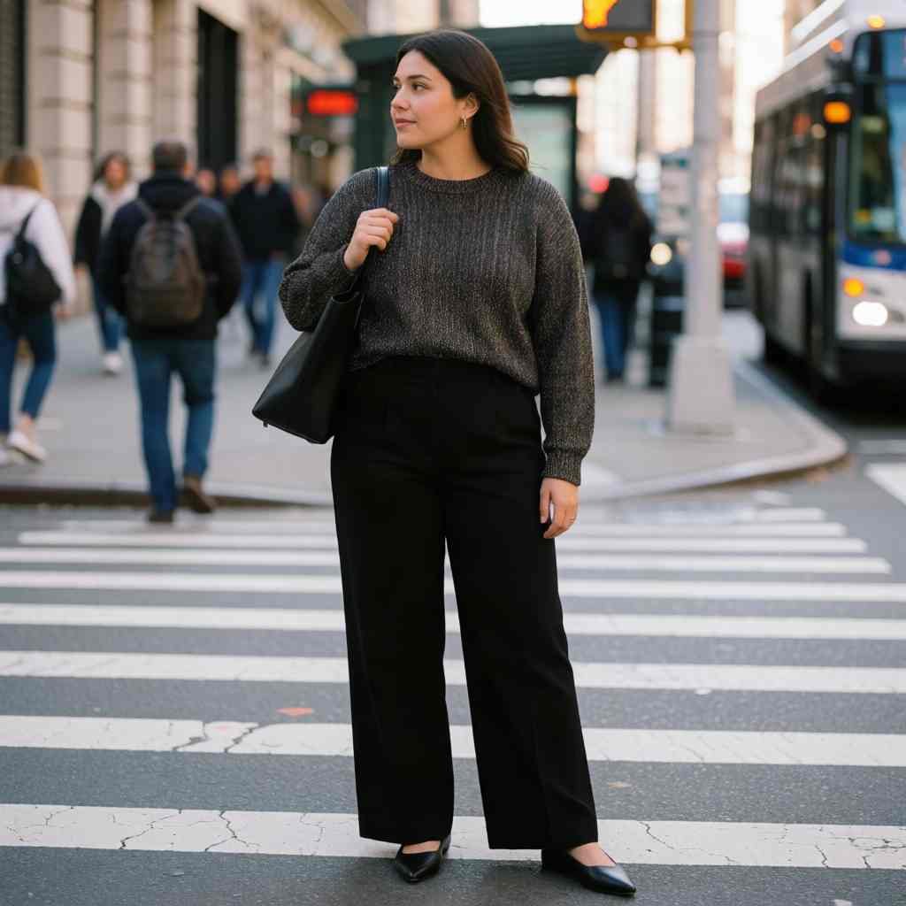 Wide-leg trousers and a sparkly knit top