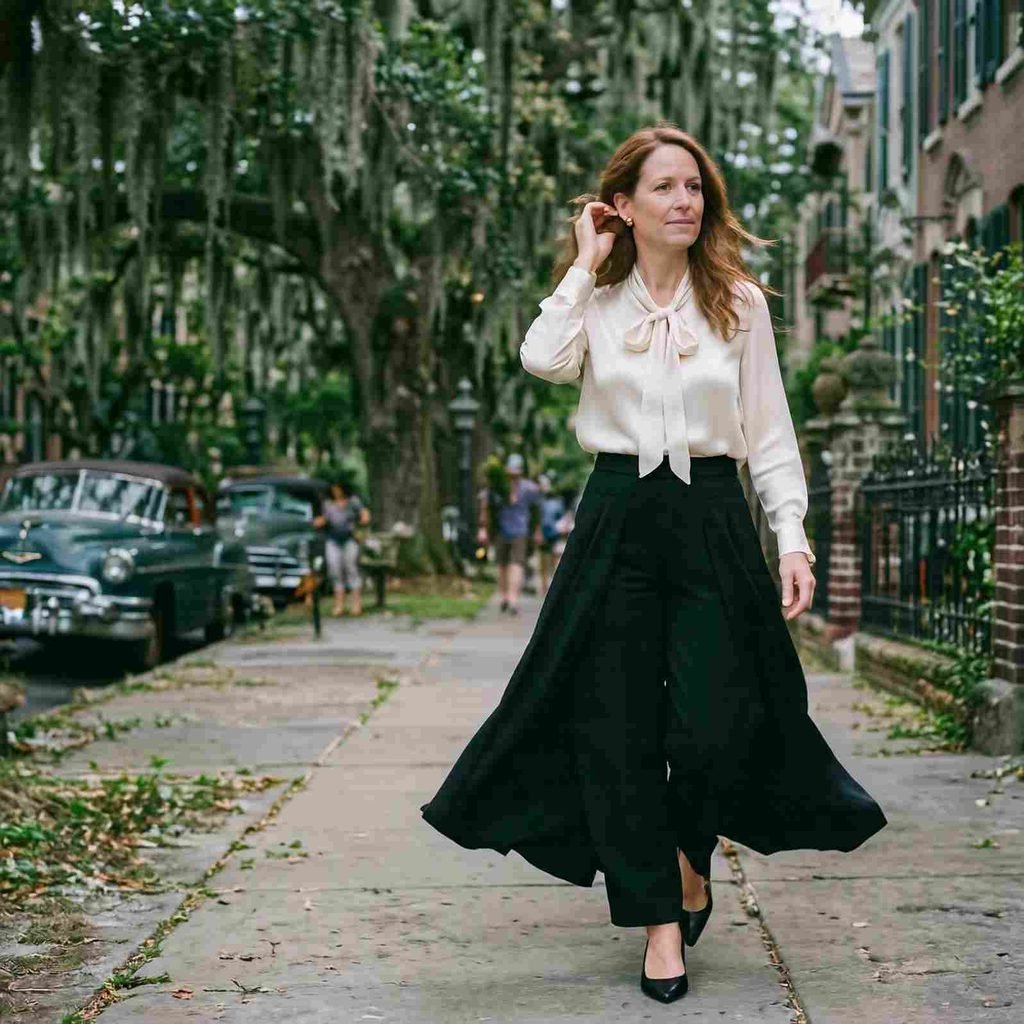 Wide-leg trousers with a silk blouse