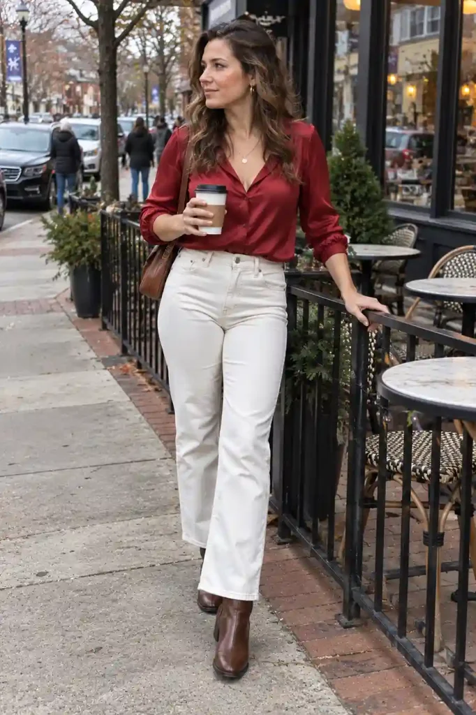 Winter white jeans and a bold red top