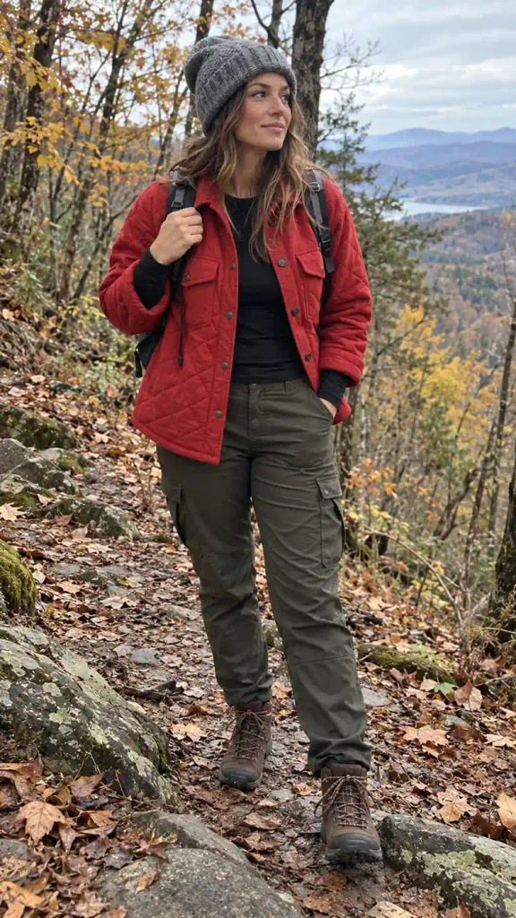 Red quilted shacket, olive cargo trousers, hiking boots and beanie.