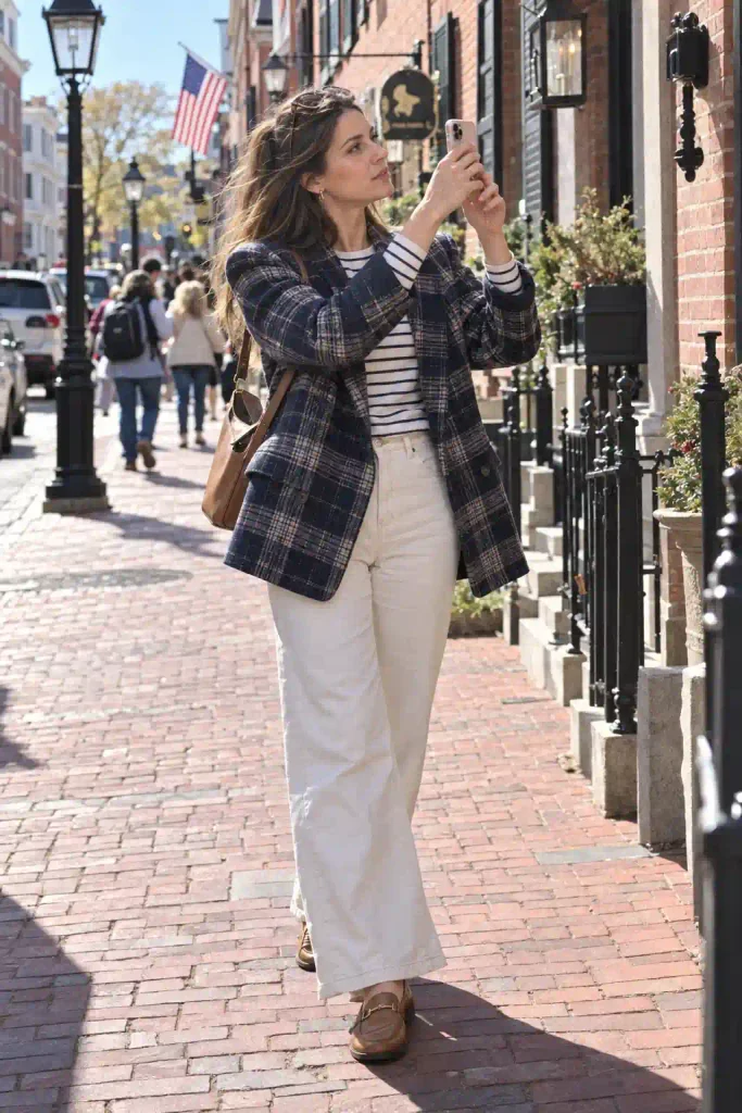 Navy plaid blazer over striped top with cream wide-leg jeans