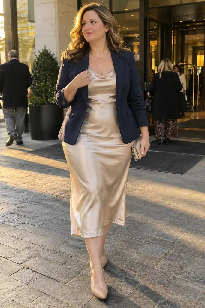 atin slip dress with a blazer