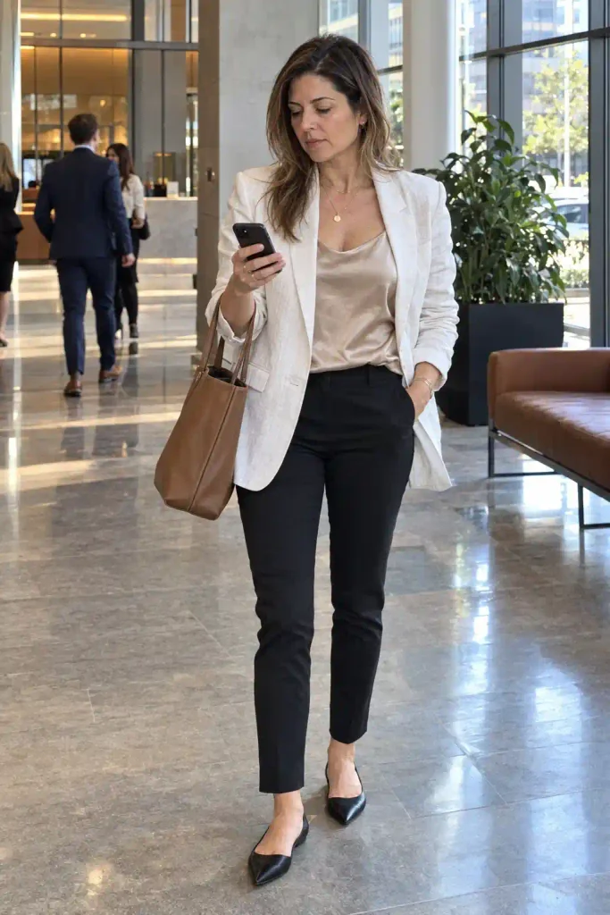 black slim trousers and a