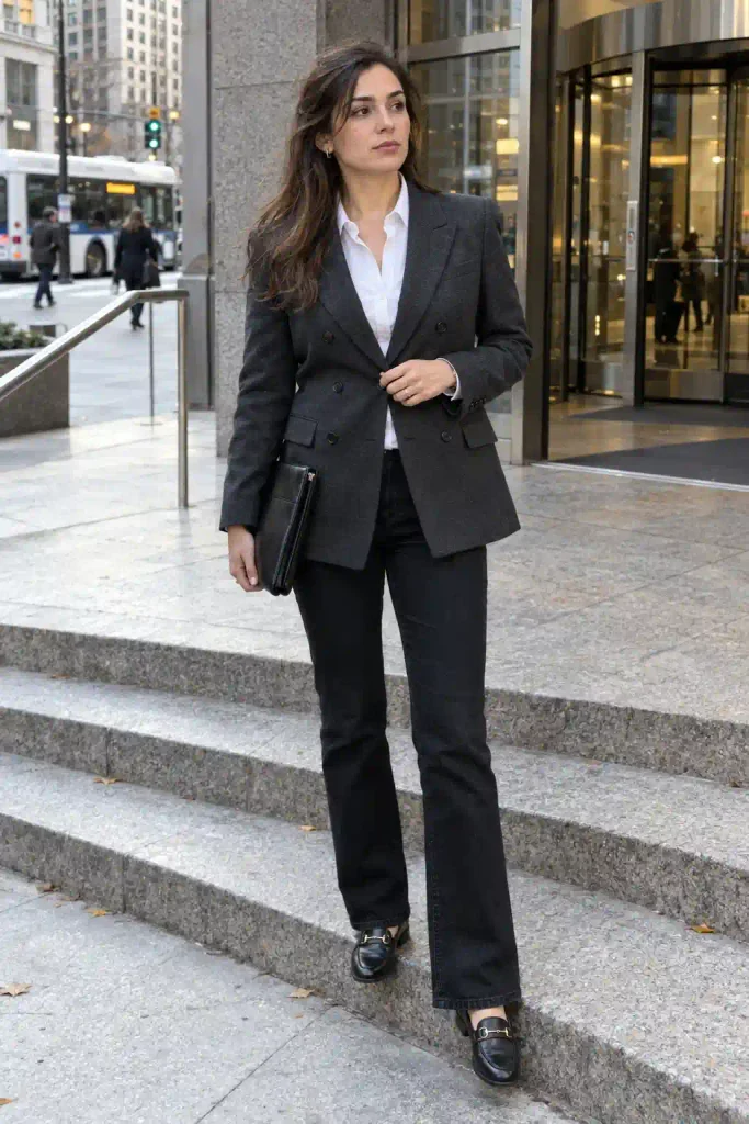 Alt text: Charcoal double-breasted blazer with white shirt and black bootcut jeans