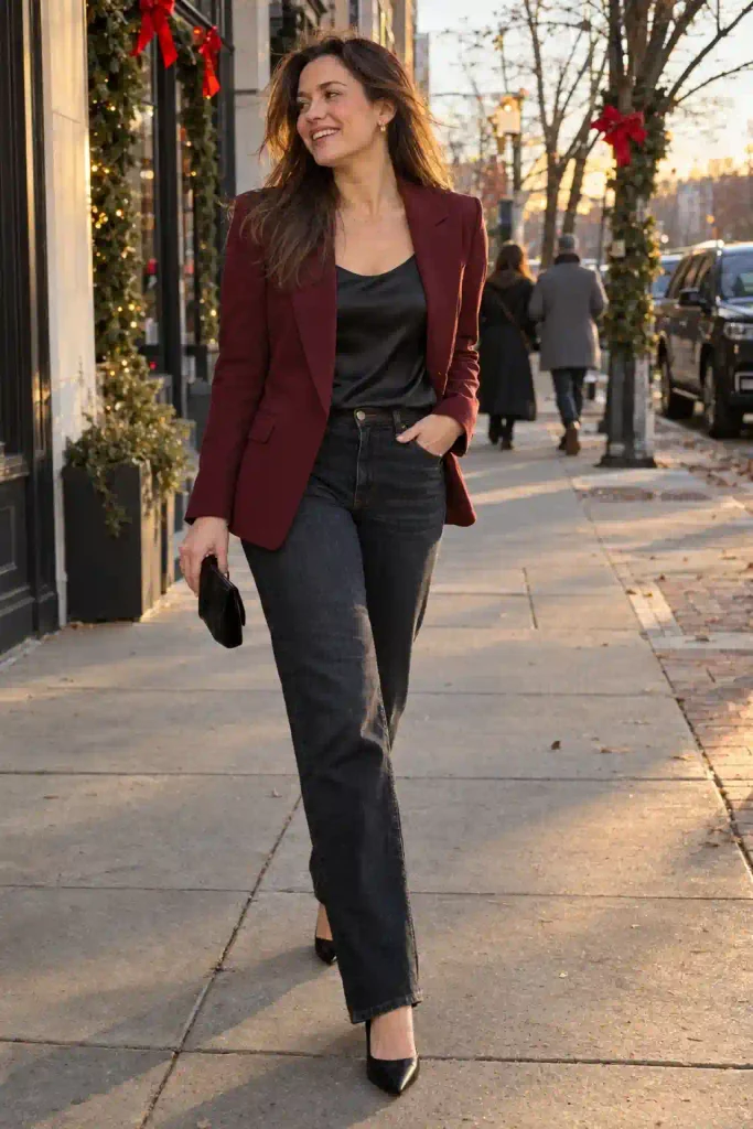 Alt text: Burgundy blazer with black top, dark jeans and black pumps
