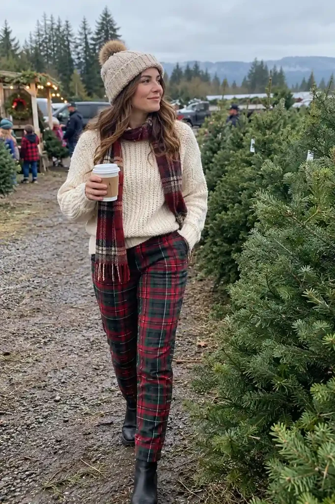 eam chunky knit with plaid trousers