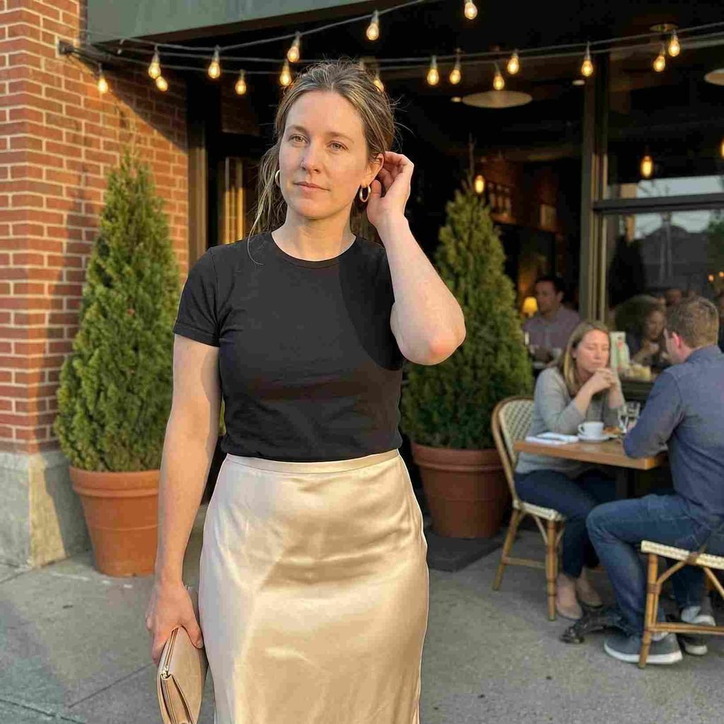ee with a satin midi skirt