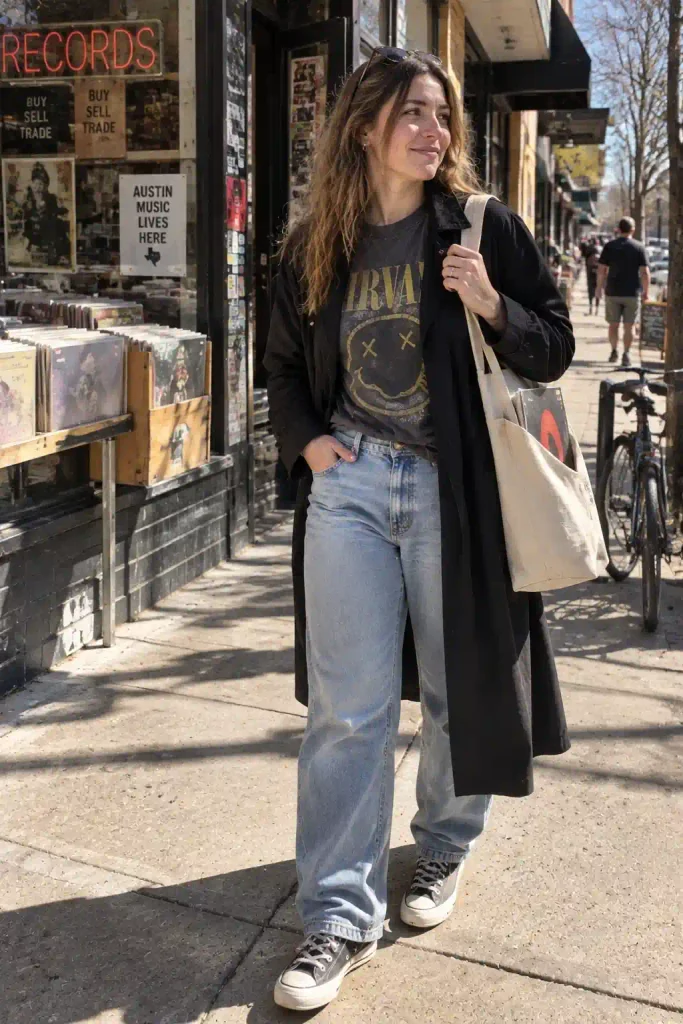 graphic tee and baggy jeans.