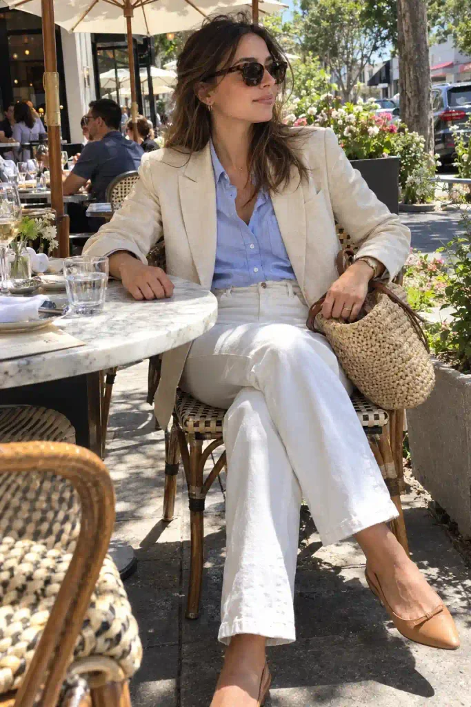 Alt text: Cream linen blazer with white jeans and light blue shirt