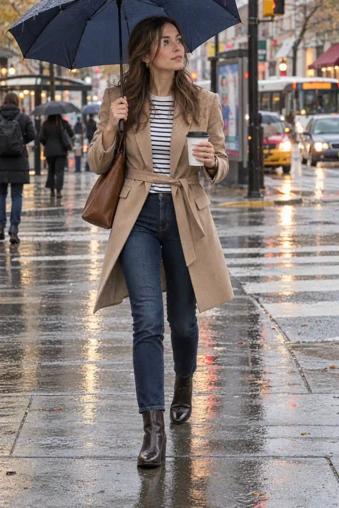 Alt text: Longline beige blazer belted over striped top with slim jeans