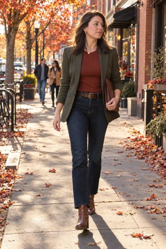 Alt text: Olive green blazer with rust top, dark jeans and brown boots