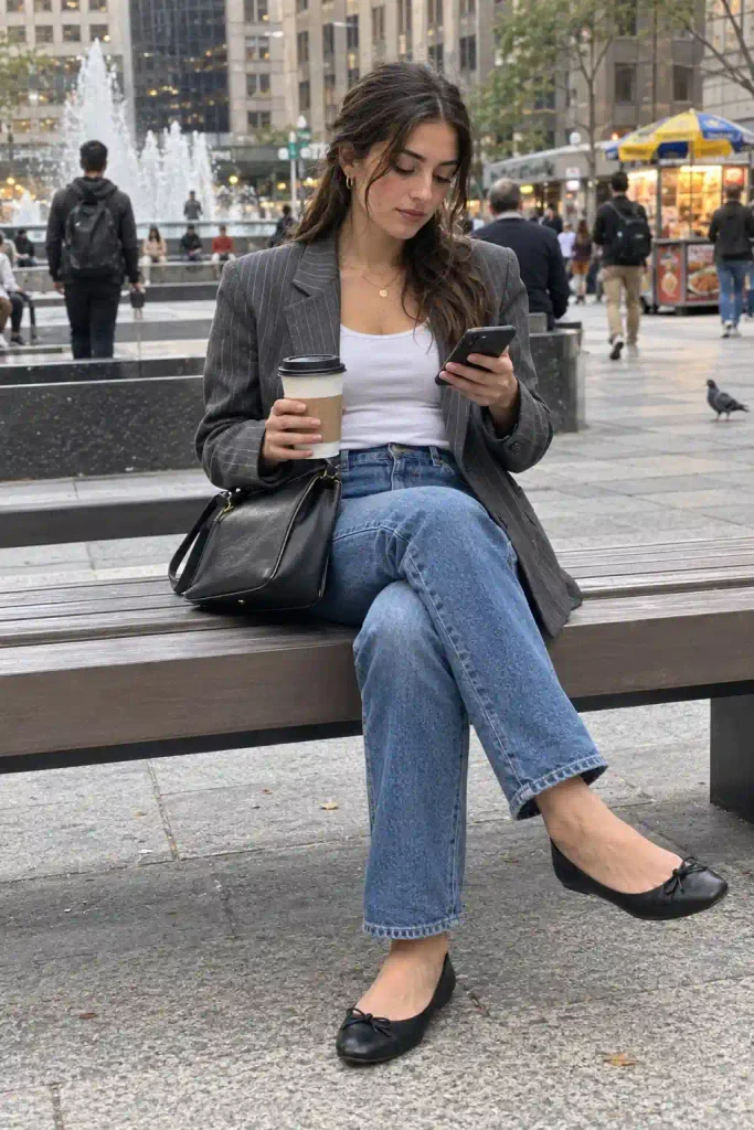 Alt text: Pinstripe grey blazer over white tank with mid-blue jeans and flats