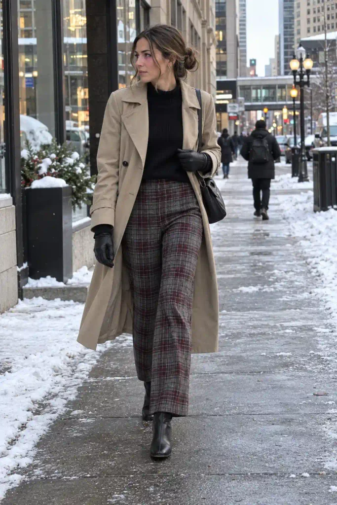 plaid trousers and a fitted