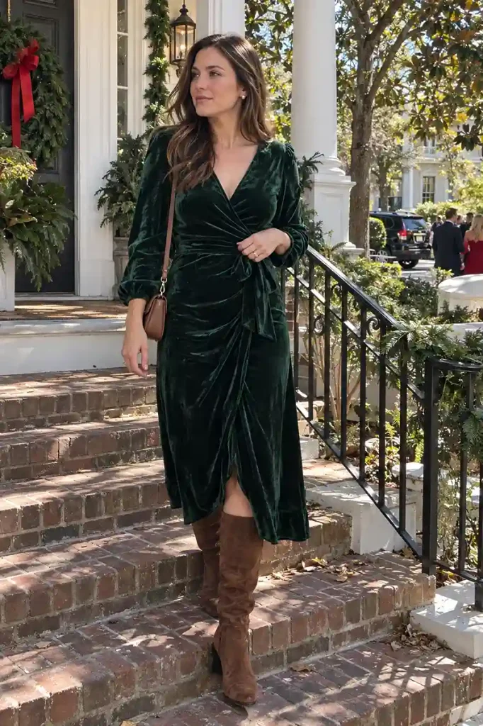 reen velvet wrap dress with boots