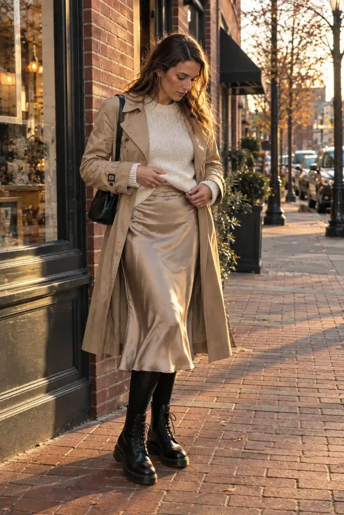 silk slip skirt and thick tights