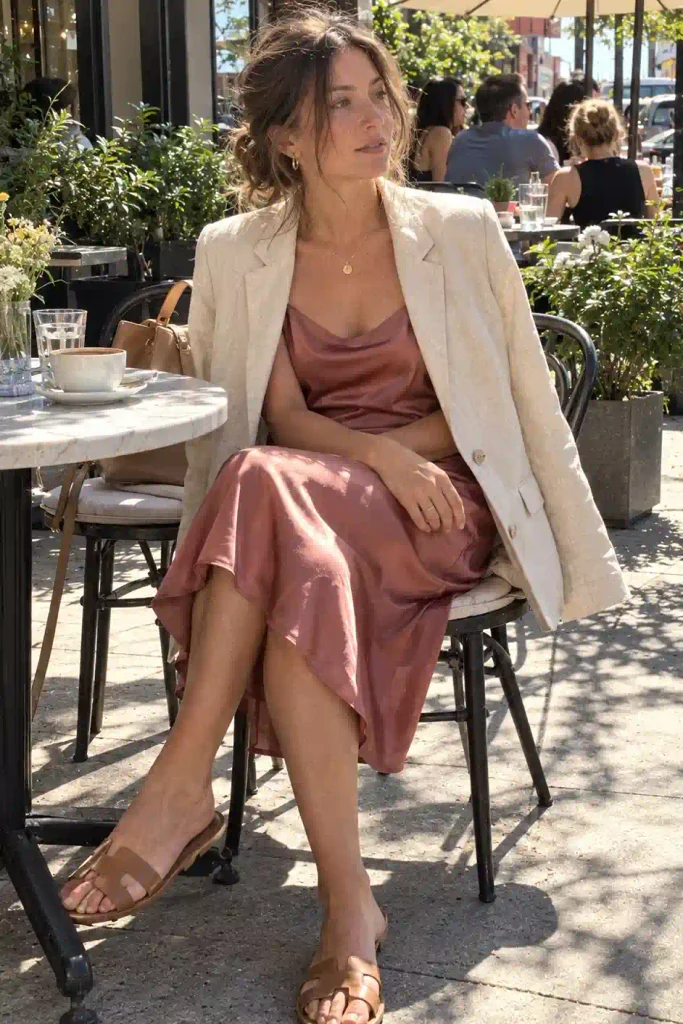 slip dress with a blazer thrown over