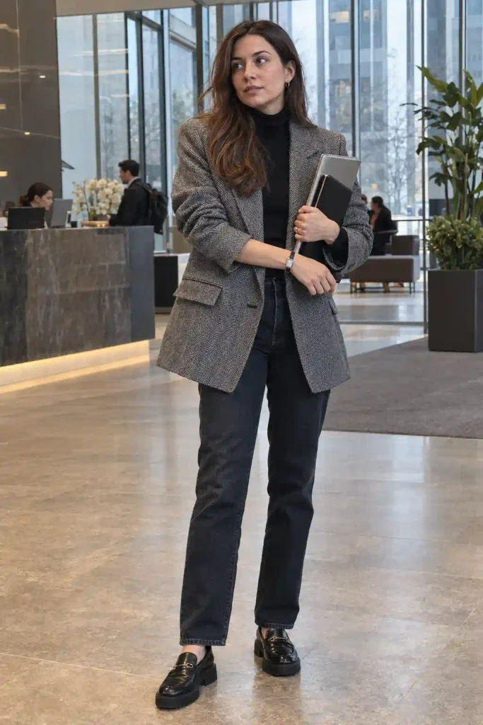 Alt text: Grey herringbone blazer with black turtleneck and straight dark jeans