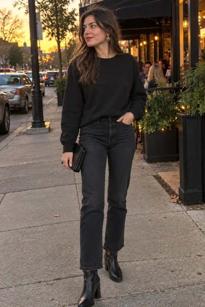weatshirt with statement earrings and a clutch